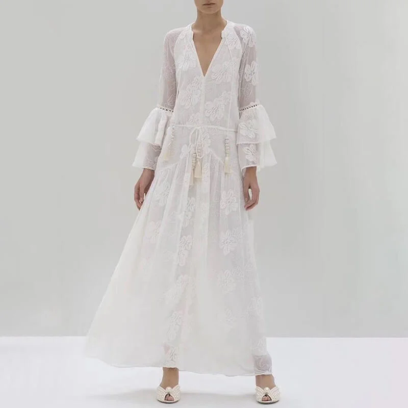 Markdowns See Through Lace Maxi Flare Dress