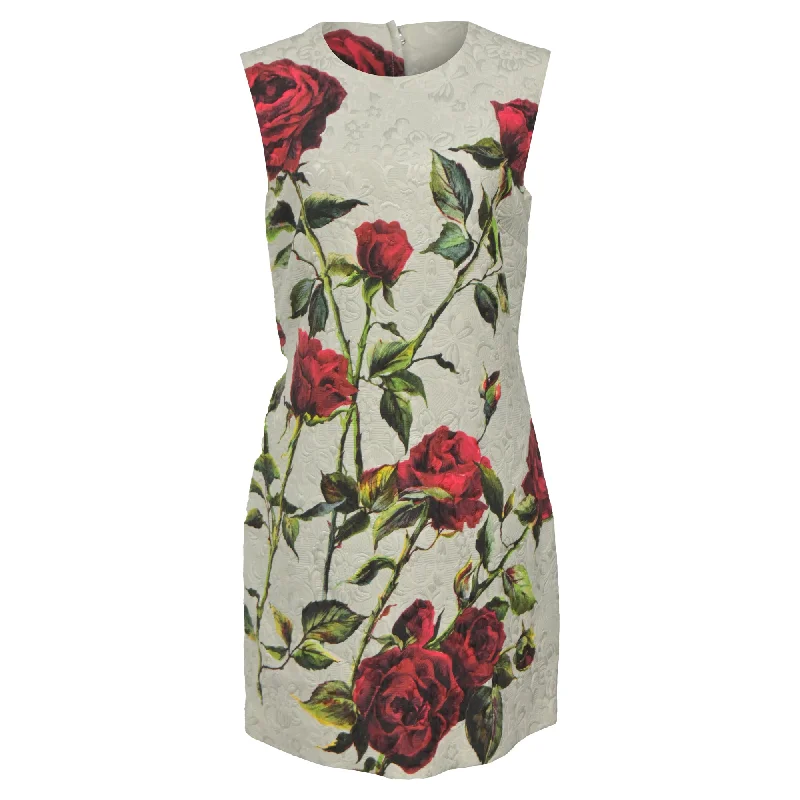 Amazing Deals Dolce & Gabbana Mini Rose Print Shift Dress in White Cotton