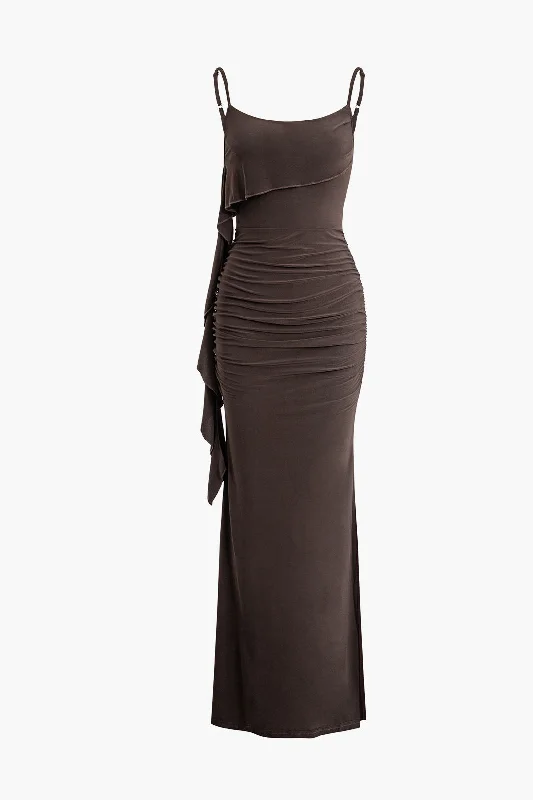 Value Deals Solid Fringe Backless Slip Slit Maxi Dress