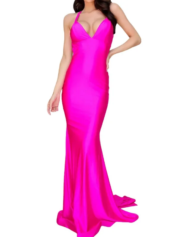 Price Drop Deep V-Neck Jersey Long Gown In Dark Fuchsia