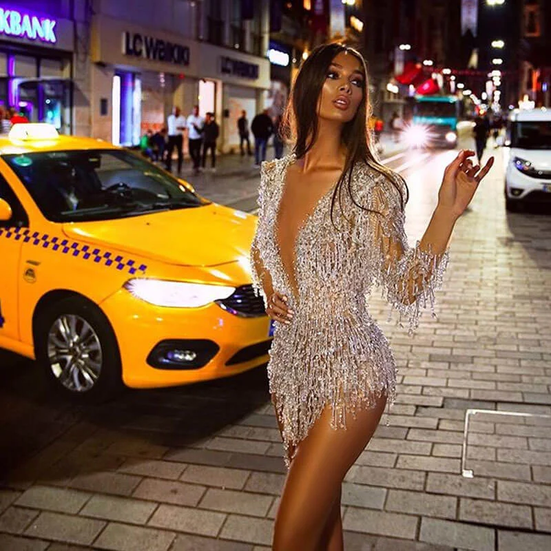 Price Meltdown Party Sequin Long Sleeve V Neck Mini Dress