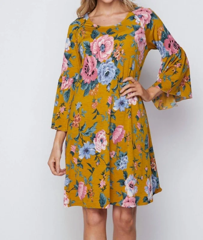 Inventory Reduction Floral Bell Sleeve Dress In Mustard Multi