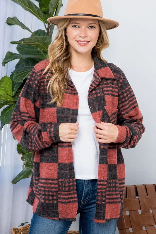 Price Meltdown E Luna Plus Fuzzy Plaid Button Down Shacket
