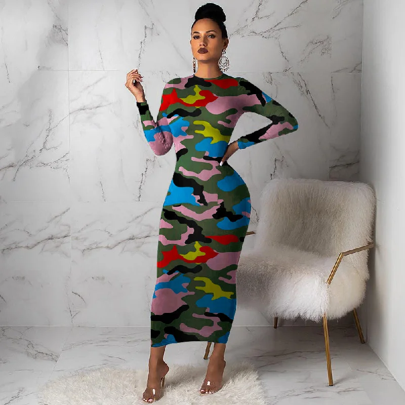 Clearance Items Camo Slim Bodycon Long Sleeve Dress