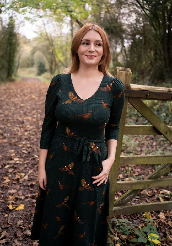 Online Only Penn Green Pheasant Print Cotton Midi Dress