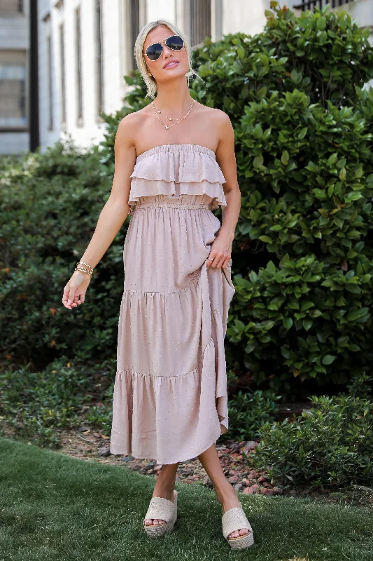 Closeout Sale Darling Cuteness Taupe Tiered Strapless Midi Dress
