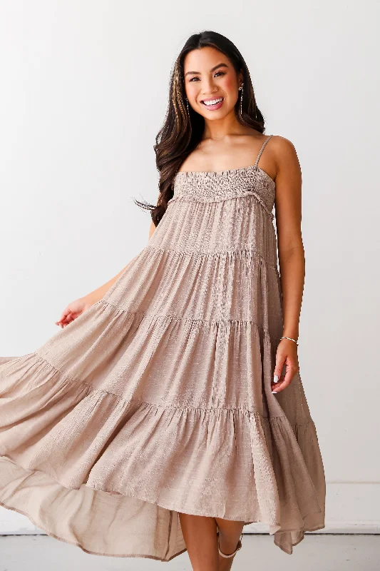 Extra Discounts FINAL SALE - Carefree Behavior Taupe Tiered Midi Dress
