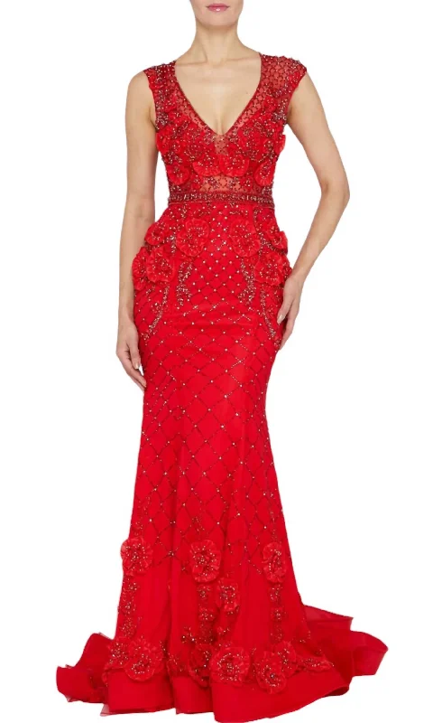 Super Bargain 3D Floral Applique Beaded Evening Dress In Red