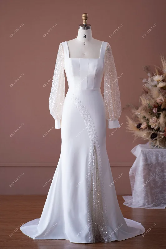Massive Deals Elegant Beaded Sleeve Mermaid Crepe Wedding Dress