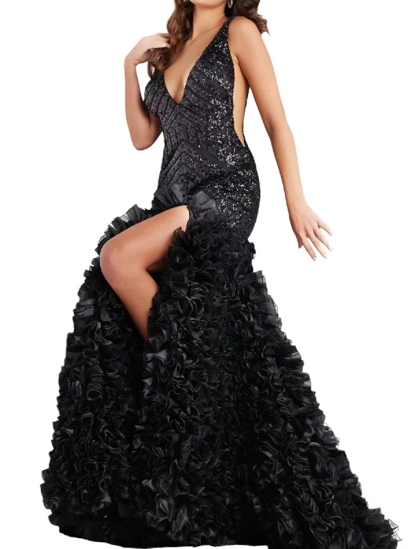 Price Blitz Beaded Fit And Flare Gown In Black