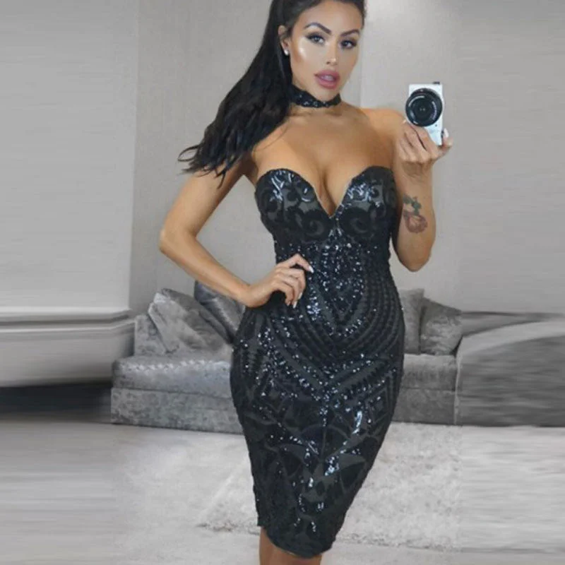 Midnight Sale Sequin Strapless Bodycon Backless V Neck Dress