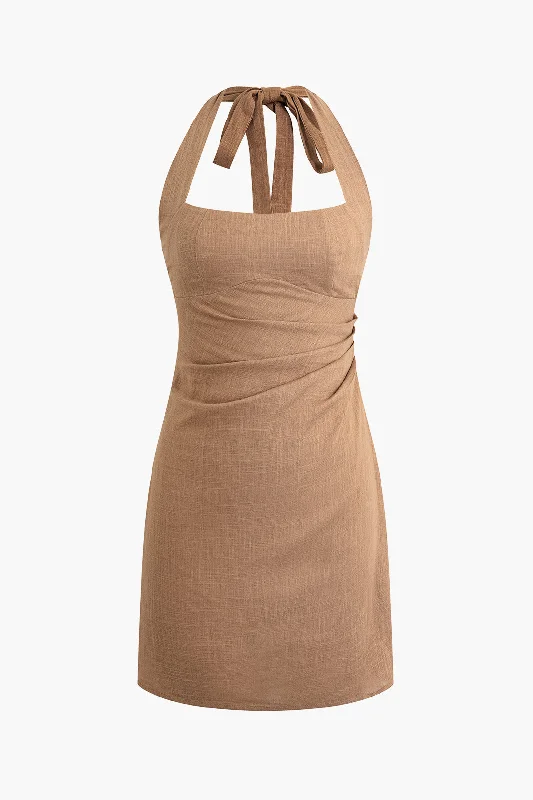 Deal Alert Linen Halter Neck Ruched Mini Dress