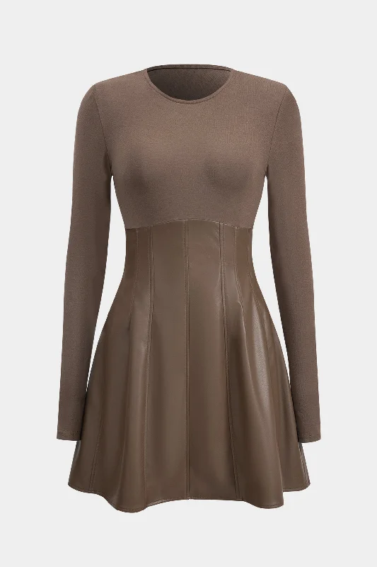 While Supplies Last Faux Leather Round Neck Patchwork Long Sleeve Mini Dress