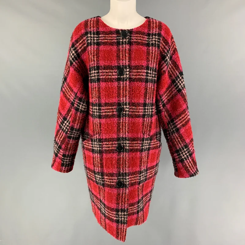 Warehouse Sale KATE SPADE Size M Red Black Wool Blend Plaid Collarless Coat