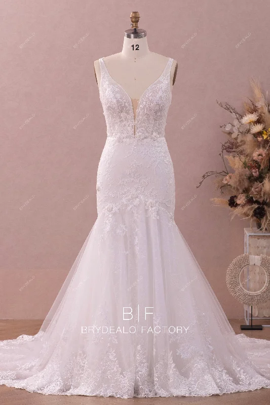 Shop and Save Straps Plunging Flower Lace Mermaid Wedding Dress