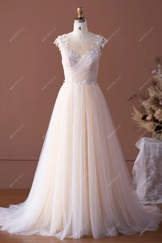 Reduced Prices Cap Sleeve Lace Tulle Illusion A-line Bridal Gown