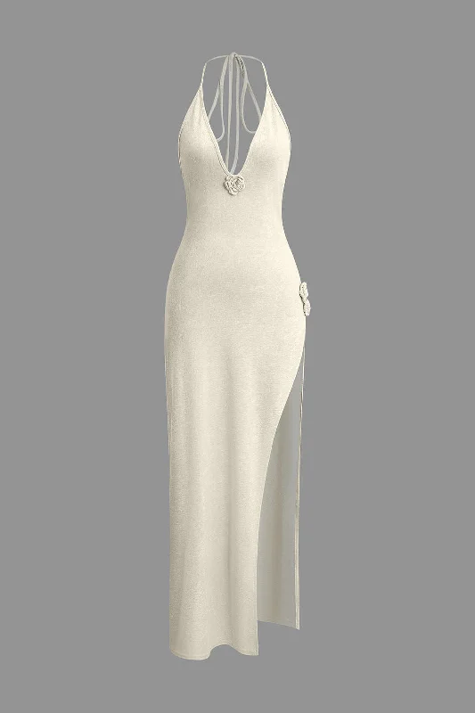 Take Advantage 3D Floral V-Neck Backless Slit Maxi Dress