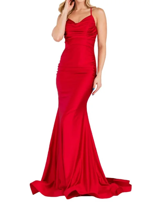 Limited Stock Lycra Cowl Neck Mermaid Gown In Red