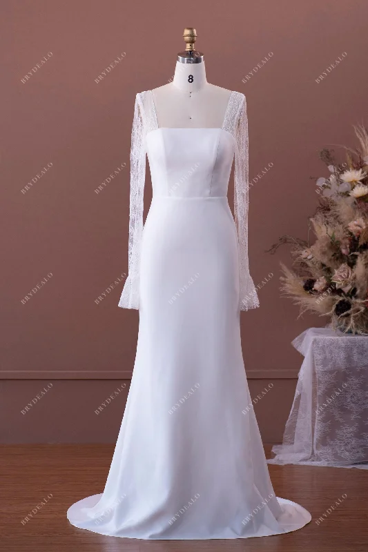 Act Now Elegant Illusion Lace Sleeved Crepe Mermaid Wedding Dress