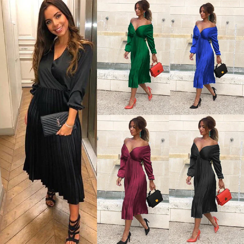 Season Finale Sale V Neck Plain Long Sleeve Pleated Dress