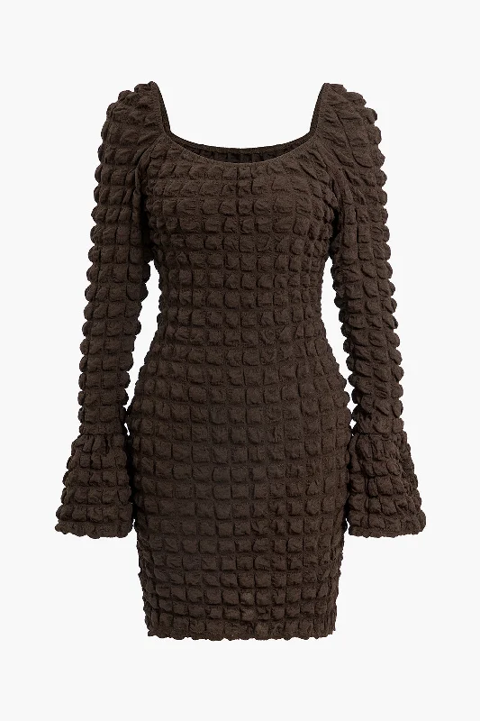 Discount Deals Textured Long Sleeve Bell Sleeves Mini Dress