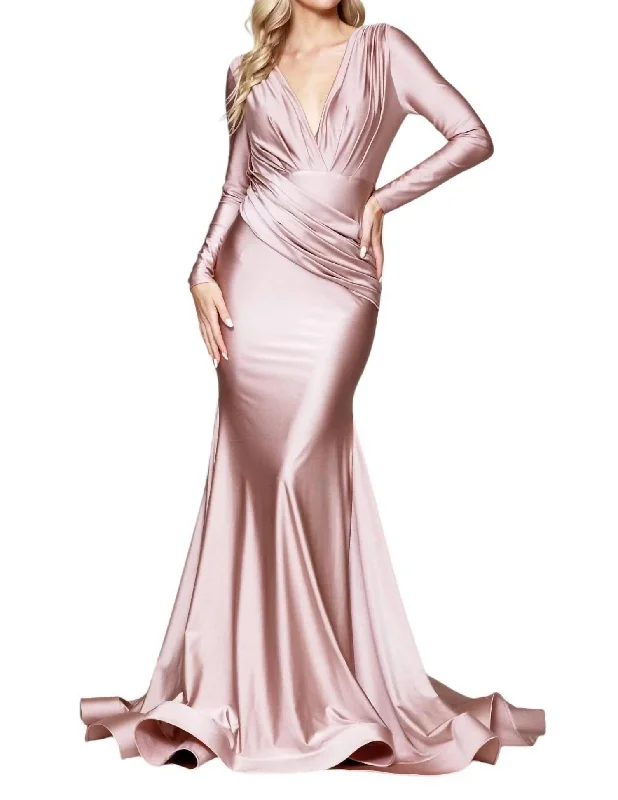 Stock Clearance Fitted Long Sleeve Lycra Gown In Dusty Rose
