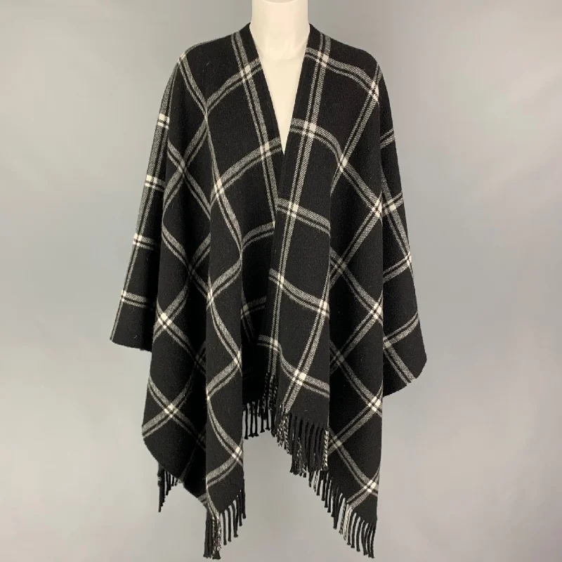 New Deals ANNE FONTAINE Size One Size Black White Wool Plaid Fringed Cape