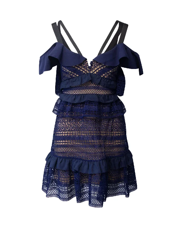 Grand Opening Sale Self-Portrait Flounced Lace Mini Dress in Navy Blue Polyester