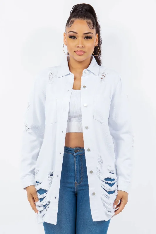 Stock Clearance American Bazi Distressed Button Up Long Sleeve Denim Jacket In White