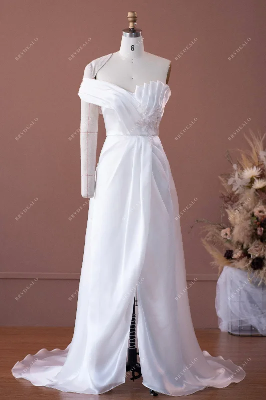 Incredible Offers Pleated Neck One Sleeve Slit Organza Wedding Dress