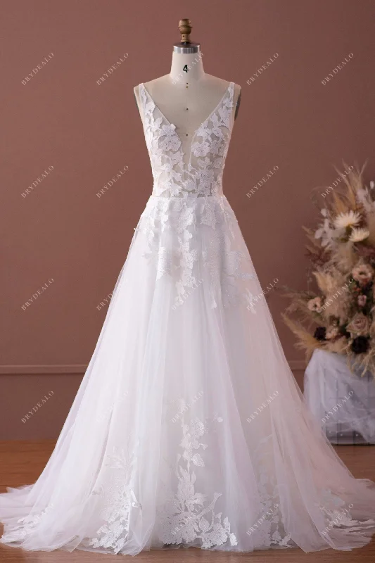 Closeout Straps Plunging Lace Tulle A-line Wedding Dress