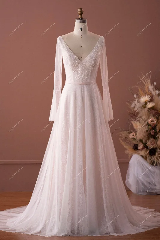 Big Discounts Illusion Sleeved Lace Tulle Boho Wedding Dress