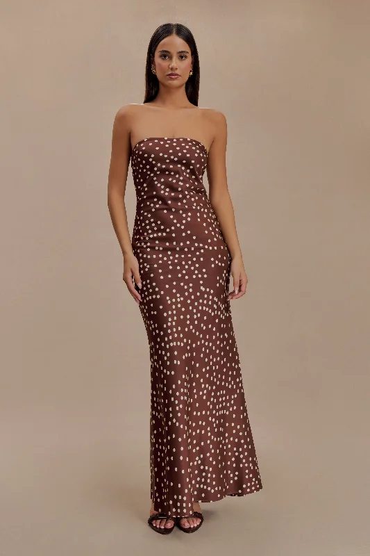 Today Only Claudette Strapless Satin Maxi Dress - Brown Polka Dot Print