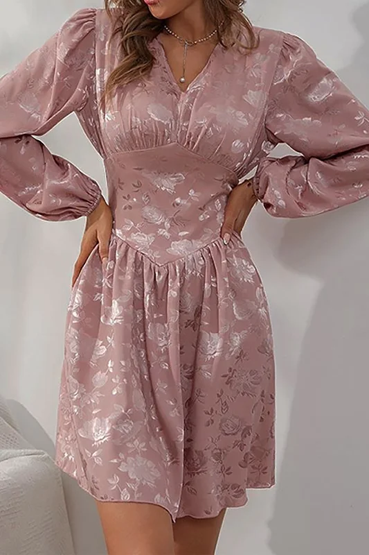 Factory Direct Sale Jacquard Satin V Neck Buttons Long Sleeve Mini Dress