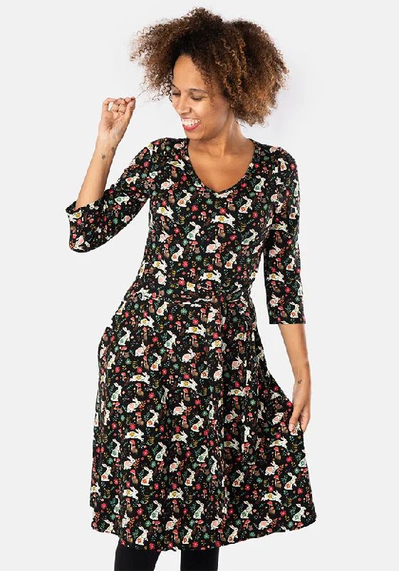 Season Finale Sale Kit Conversational Rabbit Print Cotton Dress