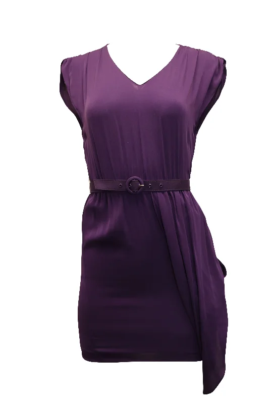 While Supplies Last Alice + Olivia Asymmetrical Hem Dress with Belt in Purple Silk