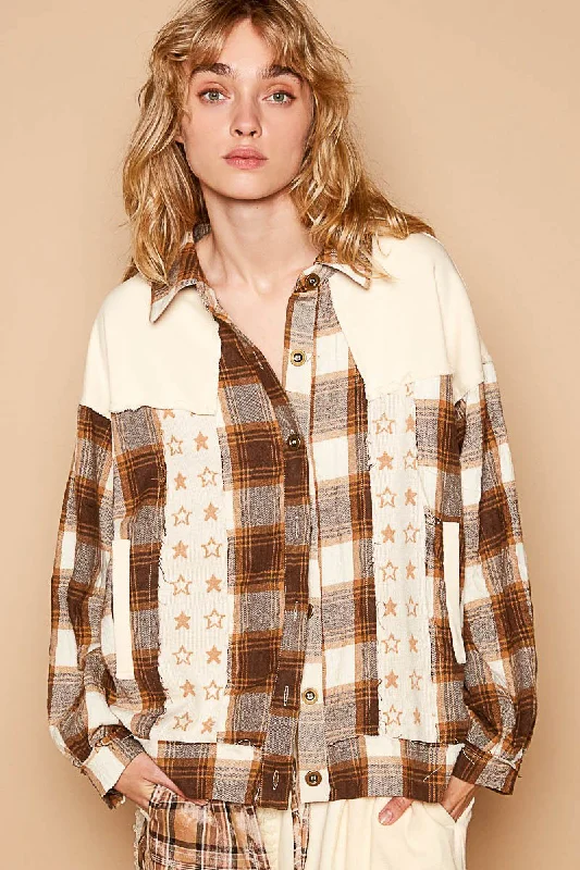Lowest Prices POL Plaid & Star Patchwork Contrast Long Sleeve Shacket