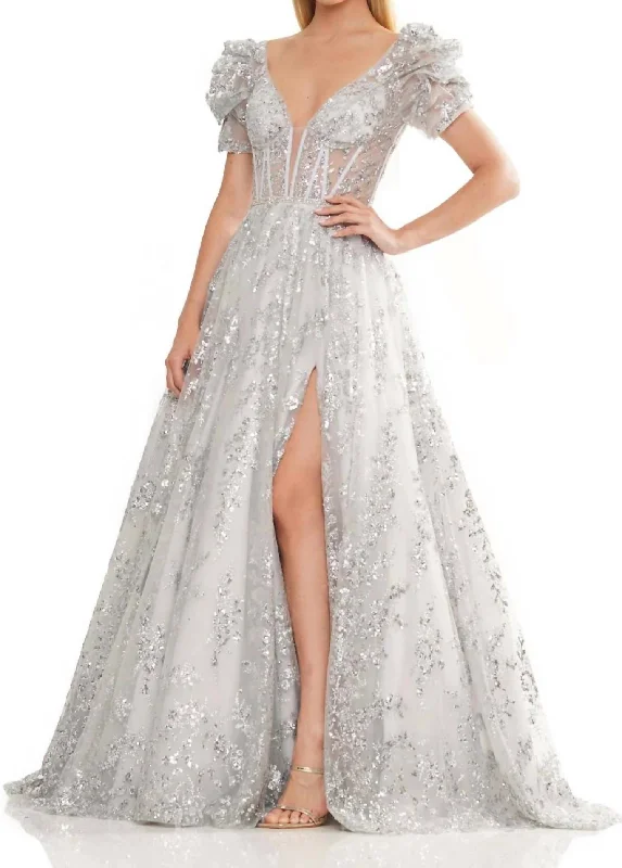 Deal Zone Plunging Neckline A-Line Gown In Silver