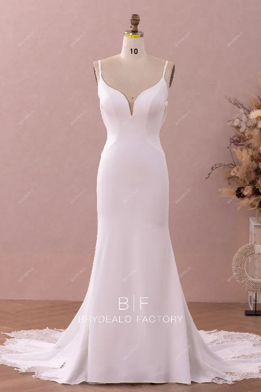 Price Cut Thin Straps Plunge Crepe Wholesale Mermaid Lace Cutout Train Bridal Dress
