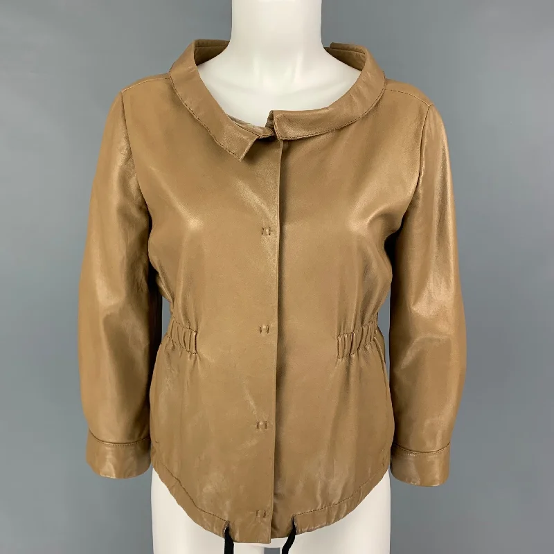 Super Deal PRADA Size 4 Tan Leather 3/4 Sleeves Jacket