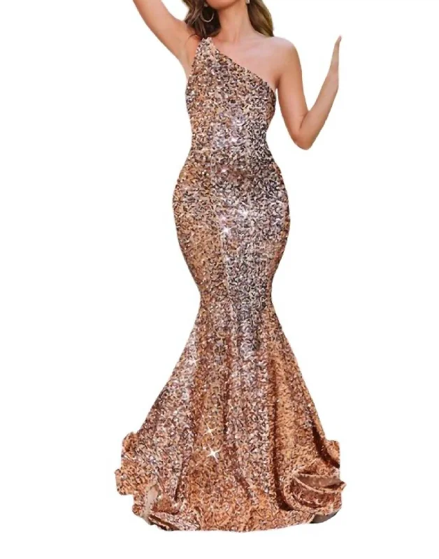 Can't Miss Long Sequin Formal Prom Dress In Rose Gold