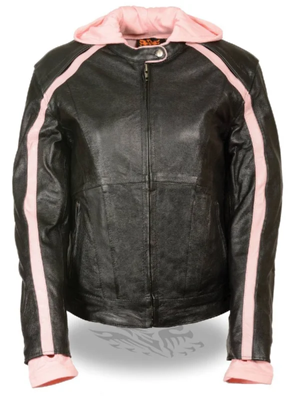 Weekend Special Milwaukee Leather SH1951 Women's Black and Pink Striped Leather Jacket with Zip-Out Hoodie Weekend Special Milwaukee Leather SH1951 Women's Black and Pink Striped Leather Jacket with Zip-Out Hoodie