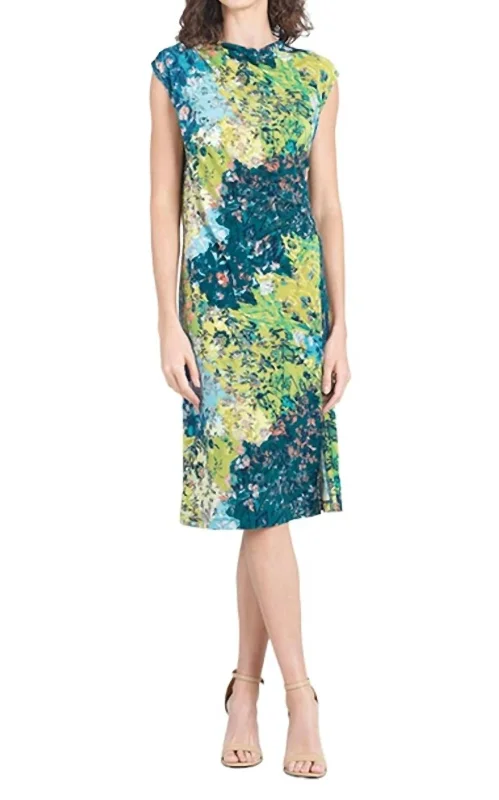 Markdown Madness Floral Patch Print Sleeveless Ruched Soft Knit Midi Dress In Green Multi