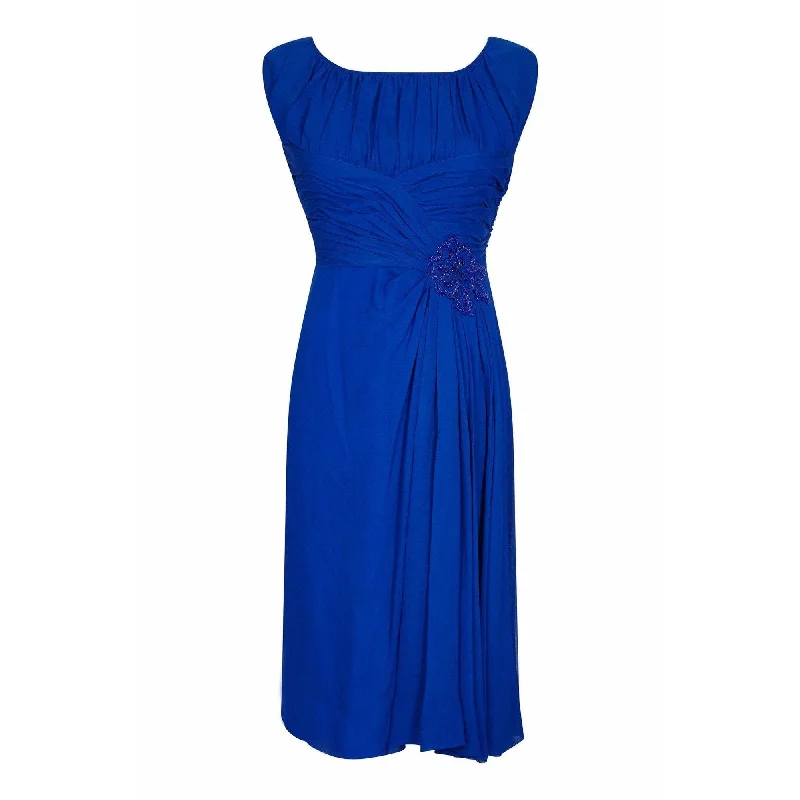 Flash Sale 1950s Couture Cobalt Blue Silk Chiffon Evening Dress With Matching Slip