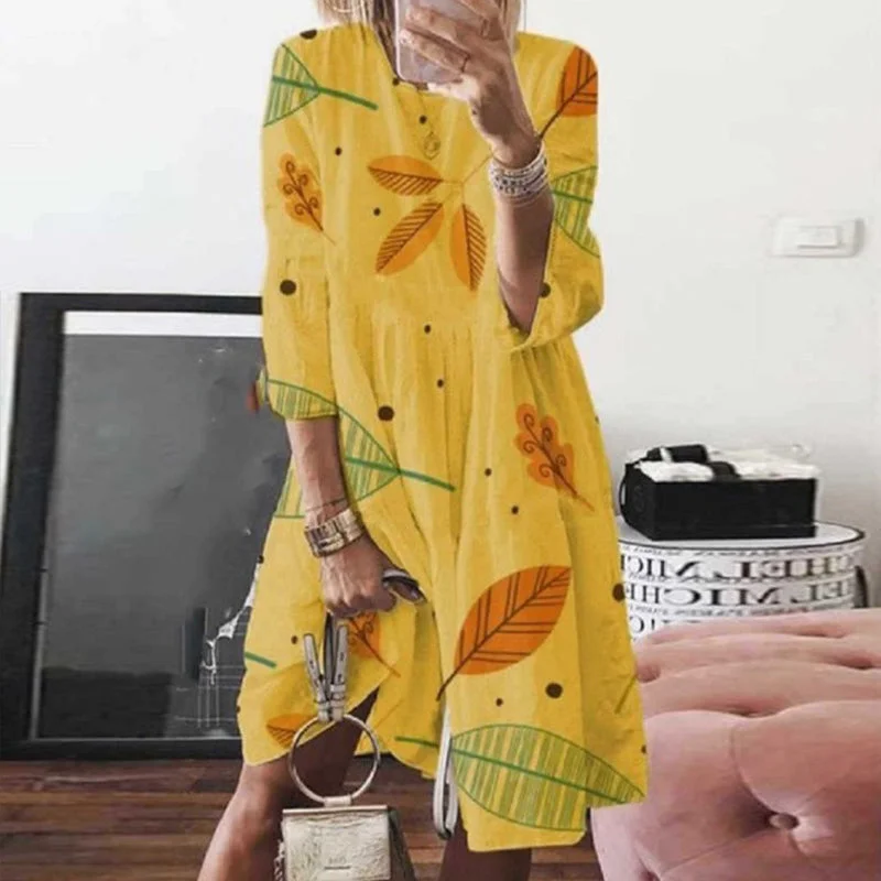 Today’s Deal Summer Long Sleeve Loose Leaves Print Dress