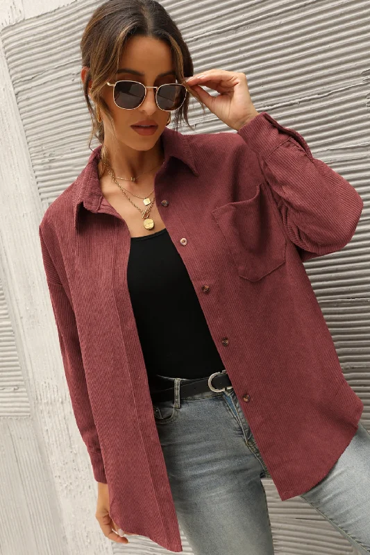Buy Now Button Front Drop Shoulder Corduroy Shirt