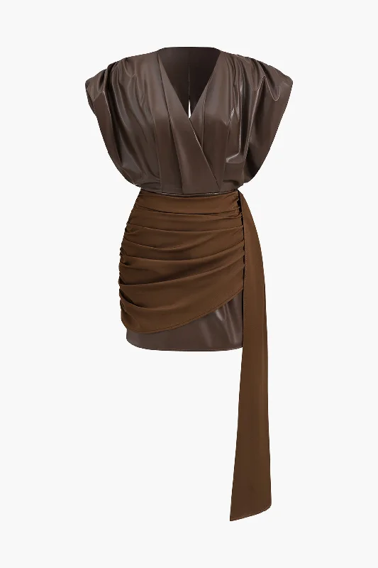 Low Prices Faux Leather Ruched Zipper V-Neck Mini Dress