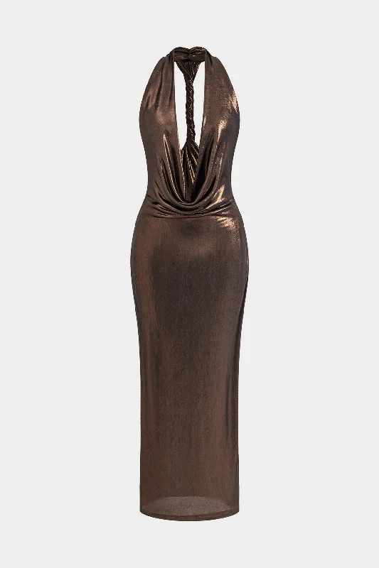 Online Only Halter Cowl Neck Backless Twist Maxi Dress