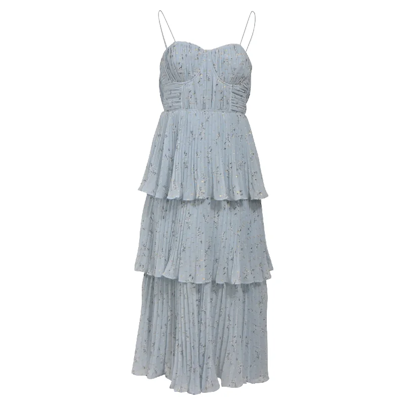 Quick Sale Self-Portrait Floral-Print Pleated Chiffon Midi Dress in Light Blue Polyester