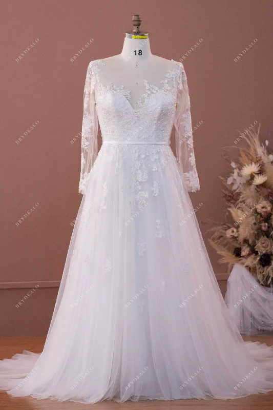 The Best Prices Plus Size Illusion A-line Lace Long Wedding Dress